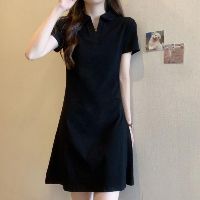 40s Pure Cotton Women s Little Black Polo Collar Dress, Slim Fit for Spring/Summer 2026 Small