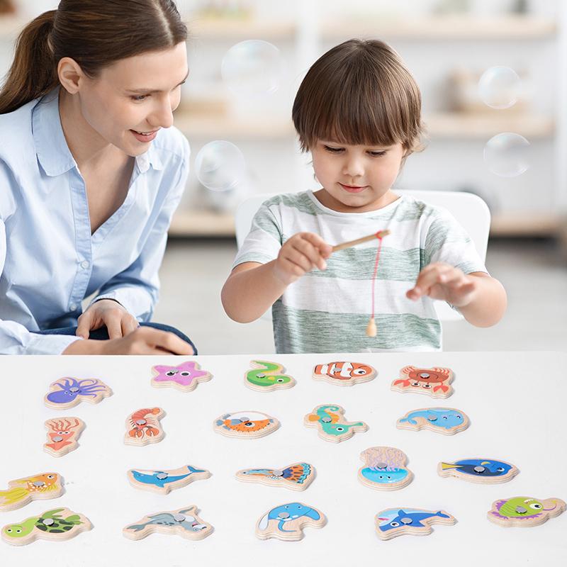 Montessori Wooden Fishing Toys For Children Magnetic Marine Life Cognition Fish Games Parent-Child Interactive Educational Toy