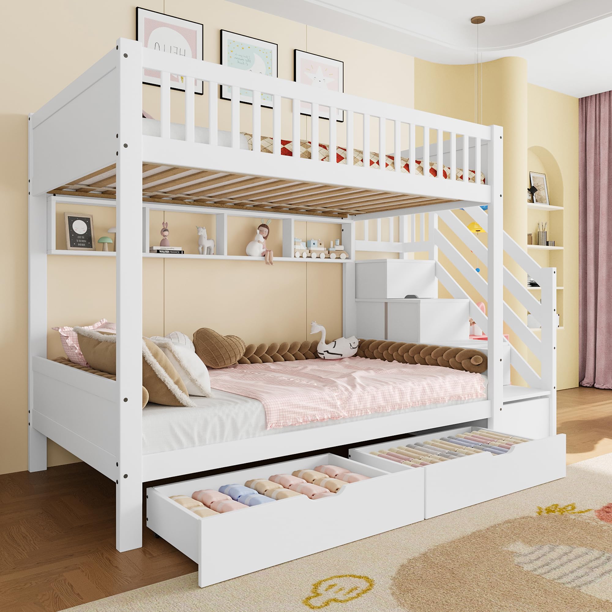 Kinder-Etagenbett 90x200 cm Hochbett Schublade Kleiderschrank