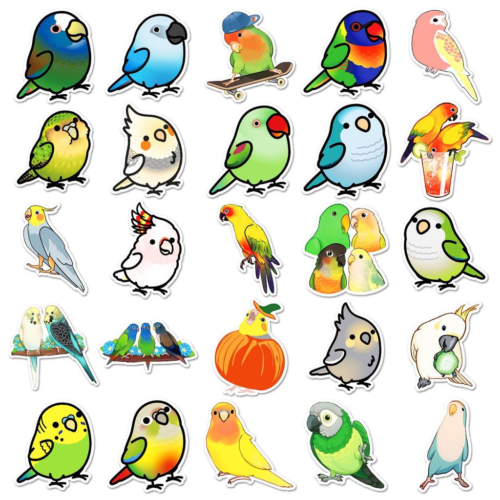50 Parrot Stickers: Cartoon Birds Cute Decoration for Journals, Stationery, Tablets, DIY