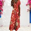 Women Plus Size V Neck Short Sleeve Red Floral Printed Long Straight Dress