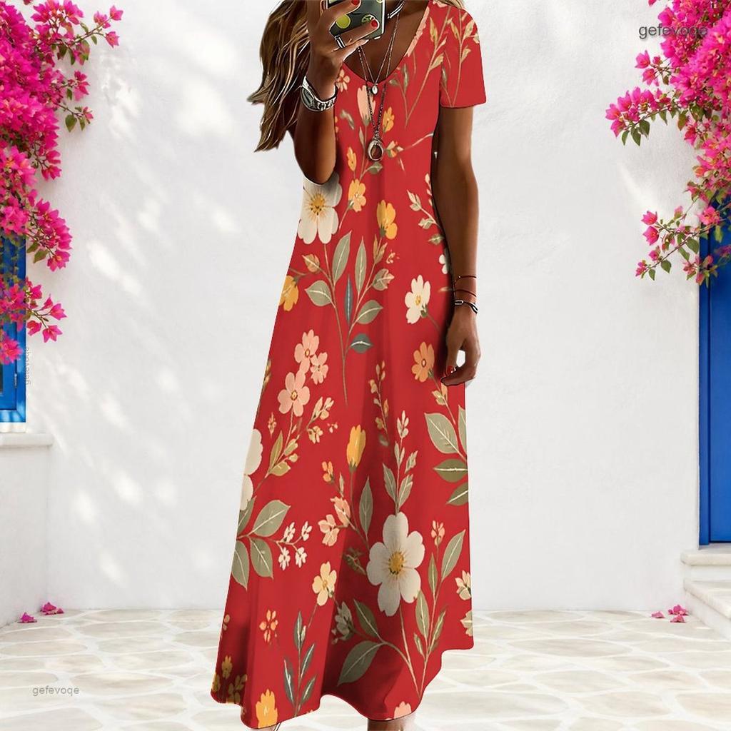 Women Plus Size V Neck Short Sleeve Red Floral Printed Long Straight Dress
