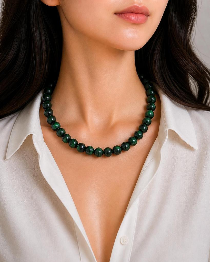 8mm Natural Green Star Tiger Eye Gemstone Round Beads Adjustable Necklace 17-20" Handmade Jewelry For Her 8BN-43