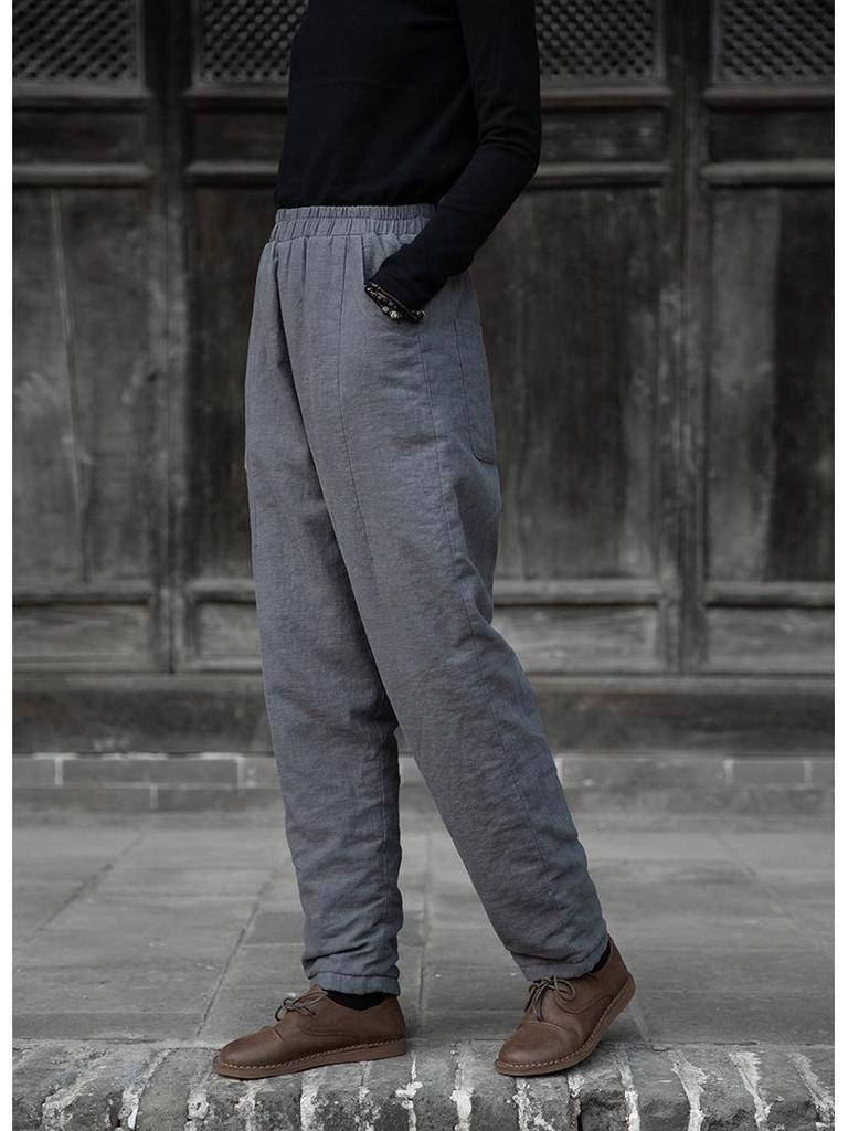 Women's Winter Cotton Linen Patchwork Trousers - Thick, Quilted, & Slimming Ramie Casual Pants