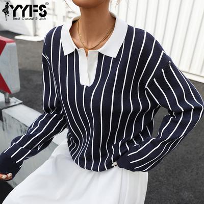 Women's Fashion Casual Spring Fall Stripe Print Long Sleeve POLO Neck Blouses & Shirts
