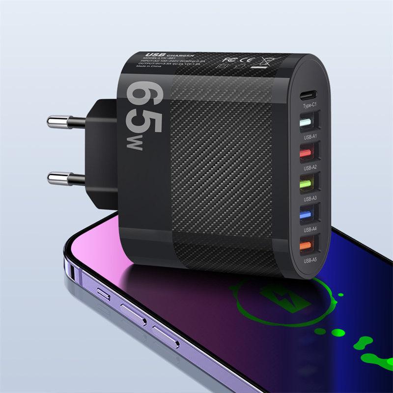 

6 портов USB Type C зарядное устройство PD быстрая зарядка адаптер Quick Charge3.0 для iPhone Samsung Xiaomi Huawei телефон настенное зарядное устройство вилка EU Plug чёрный