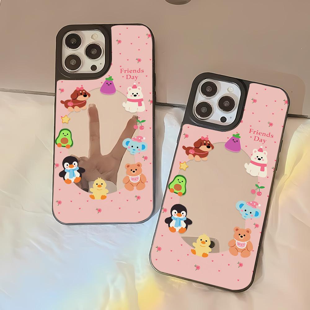 Circle animals are suitable for Apple 17ProMax black frame mirror mobile phone case 15 all-inclusive 13/12 niche 14 large holes