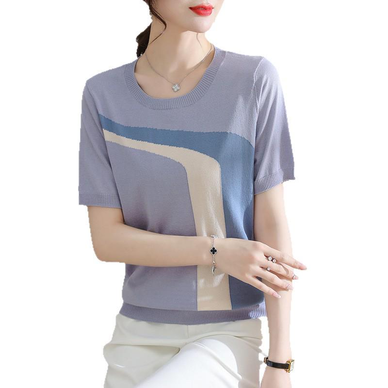 Young Mother's Stylish Ice Silk Knit Short Sleeve T-Shirt