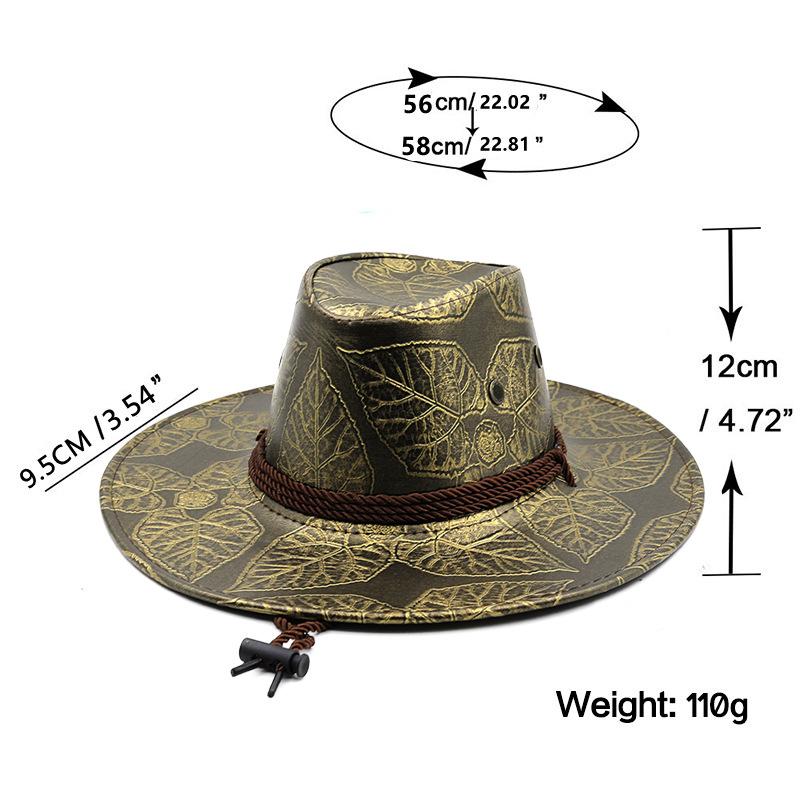 Maple Leaf Printed Leather Sunshade Western Cowboy Hat Men's and Women's Tibetan Big Edge Hat Outdoor Spring and Autumn Winter Leisure Beach Hat