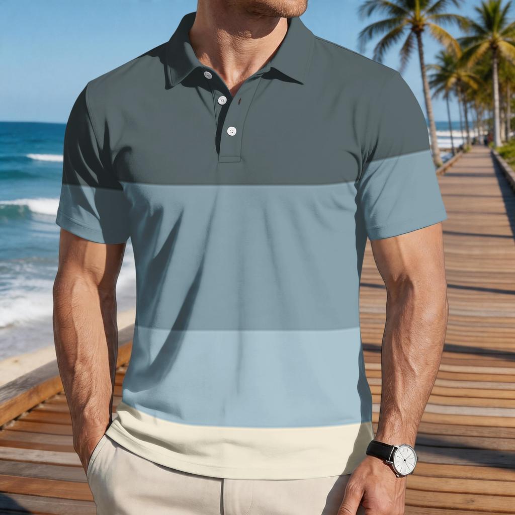 Mens Loose Fit Casual Striped Print Short Sleeve Polo Shirt with Turn Down Collar Soft Breathable Fabric for Everyday Wear