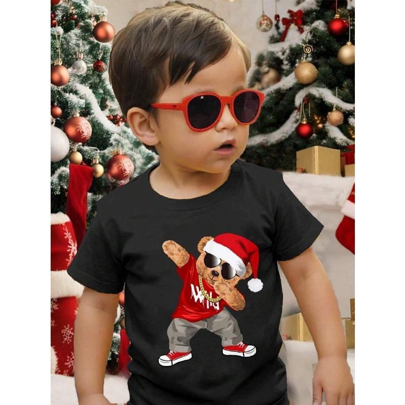 New Boys' T-shirts, Spring and Autumn Children's Colorful Christmas Printed Tops, Baby Base Shirts, Short-sleeved T-shirts