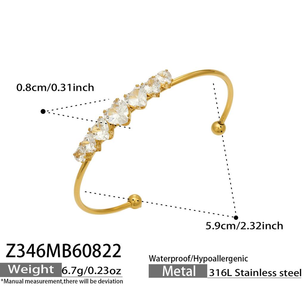 Classic Heart Zircon Cuff Bracelet for Women 18K Gold Plated Stainless Steel Open Bangle Simple Fashion Jewelry Gift