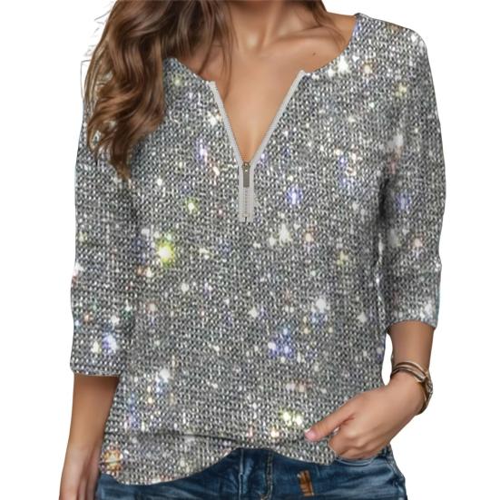 Damen-Shirt mit Rundhalsausschnitt, Reißverschluss, halbe Knopfleiste, Langarm-Pullover, glitzernde Pailletten, reguläre Passform