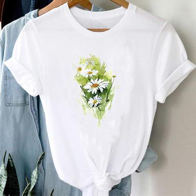 (Asian Size) Tee Top Women Watercolor Flower Style 90s Print Lady Clothing Casual Short Sleeve Fashion Tshirt Female Graphic T-shirt