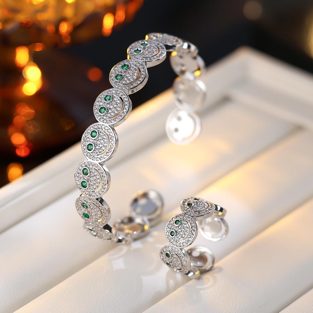 Women Smile Face Bracelet Ring Set Fashion Minimalist Zircon Jewelry Perfect For Party Gathering Wear