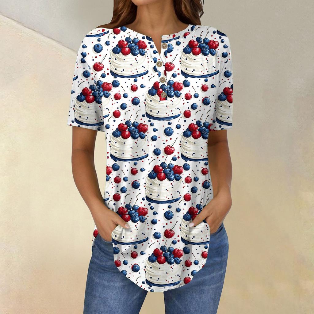 Short Sleeve Womens Tops Summer T-Shirts Print V Neck Casual Basic Tee Button Shirts Tunic Tops Independence Day