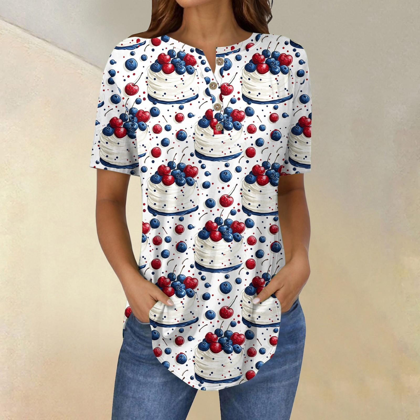 

Short Sleeve Womens Tops Summer T-Shirts Print V Neck Casual Basic Tee Button Shirts Tunic Tops Independence Day XXL белый