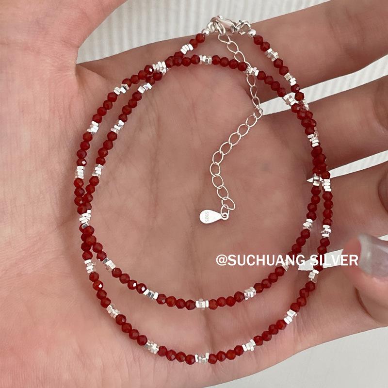 Elegant S925 Sterling Silver Red Agate Bead Necklace for Women - Light Luxury and High-End Feel with Silver Flake Clavicle Chain