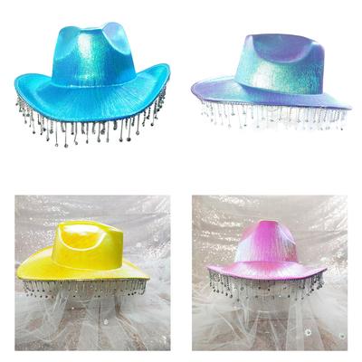 Neon Cowgirlhut Ultra-blinkender Cowboyhut Quasten Fedora Hut für Musikfestivals Funkelnder Quasten-Cowboyhut Alleskönner