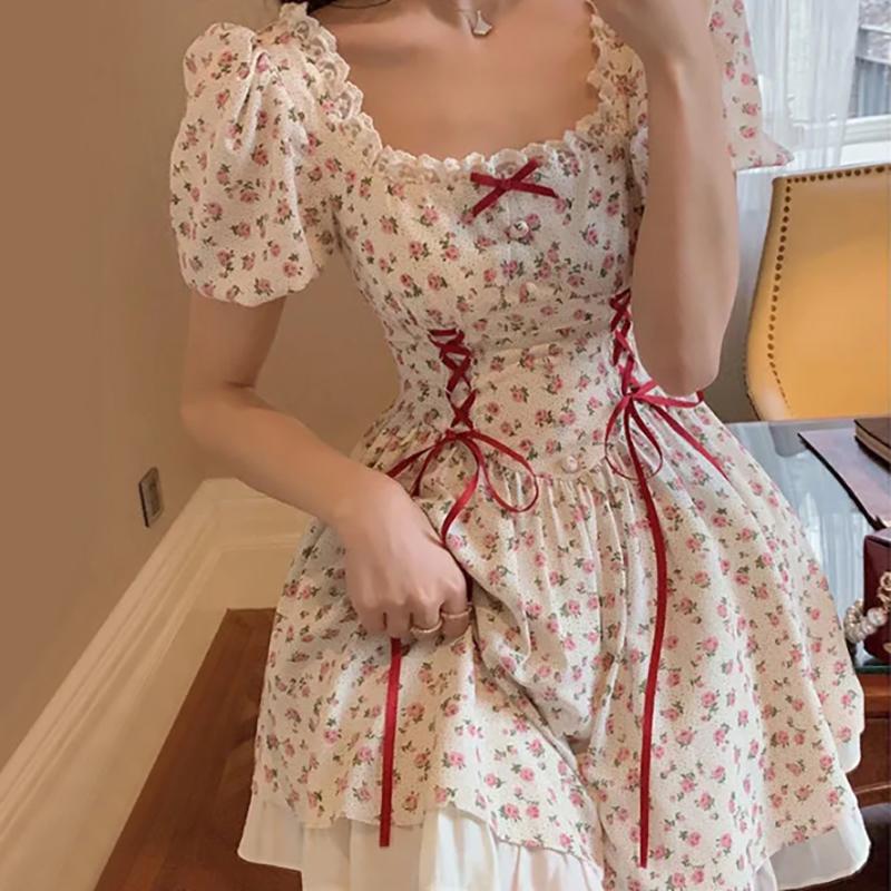 Floral Mini Dress Women Puff Sleeve Flare Shirring Design French Style Elegant Birthday Dresses