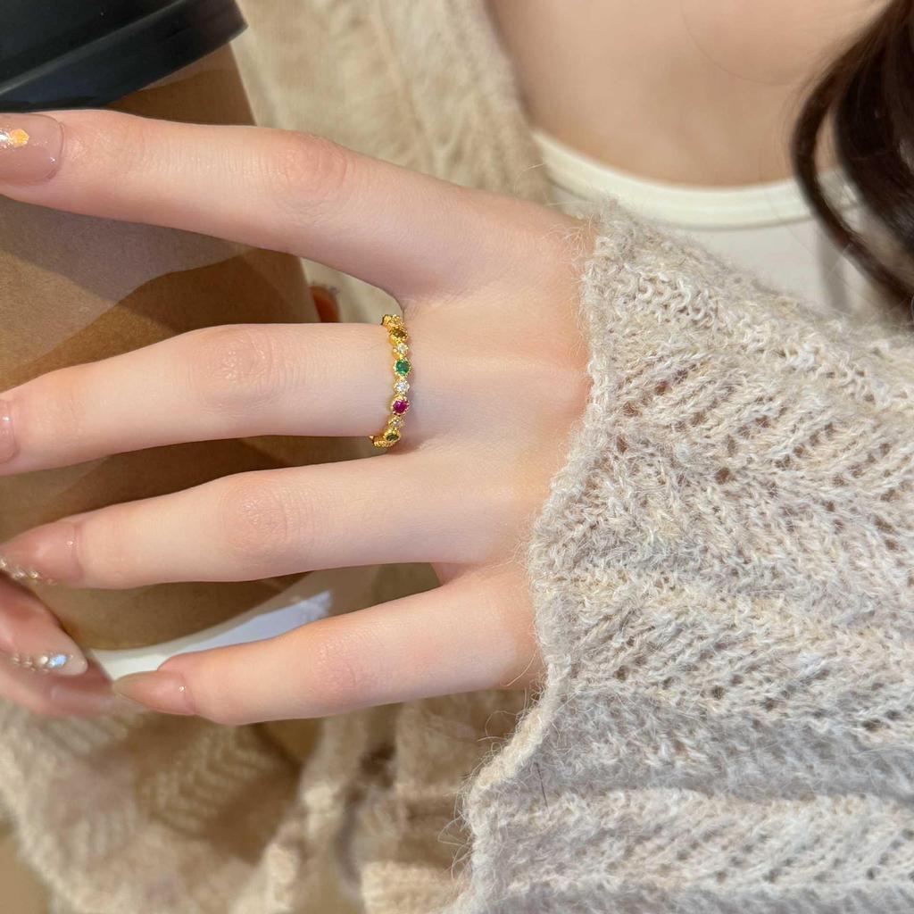 18K Gold-Plated S925 Silver Rainbow Zirconia Open Ring for Women - Retro Niche Design, Exquisite and Cool Style.