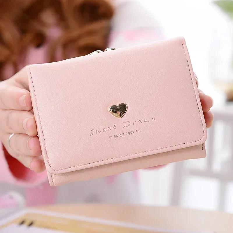 PU Leather Candy Color Fashion Women Coin Purse Solid Color Vintage Short Wallet Heart Hasp Ladies Girls Card Holder Clutch Bag