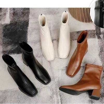 Fashion Soft Leather Brown Block Heel French Short Boots Women 2025 New Square Toe Naked Boots High Heels