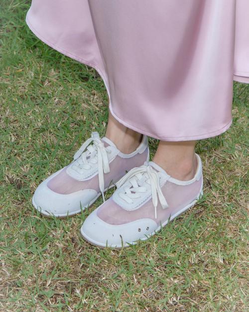 [Tact Troyme] Easy Round Toe Leather Mesh Lace-up Flat Sneakers [EASY]