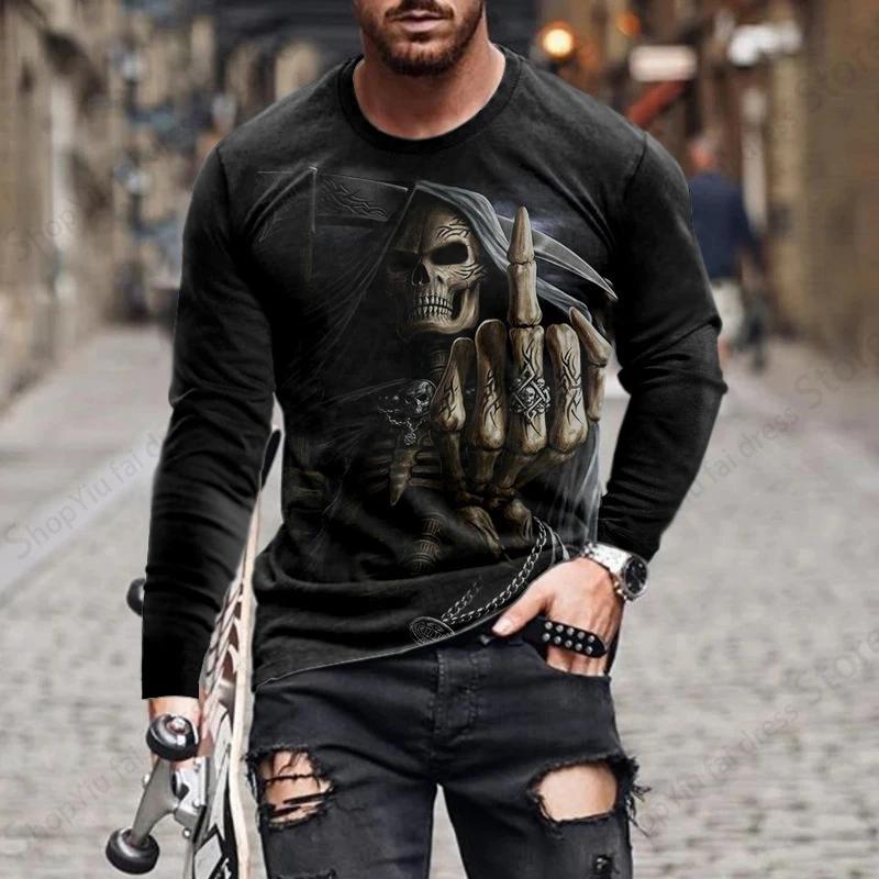 Halloween 3d Skull Skeleton Graphic Print  Long Sleeve T-shirts Fashion Hip Hop Tops Horror Men's T-shirts