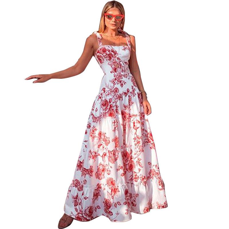 Summer Printed Sleeveless Maxi Dress With Cotton Blend Fabric For Beach Vacation
