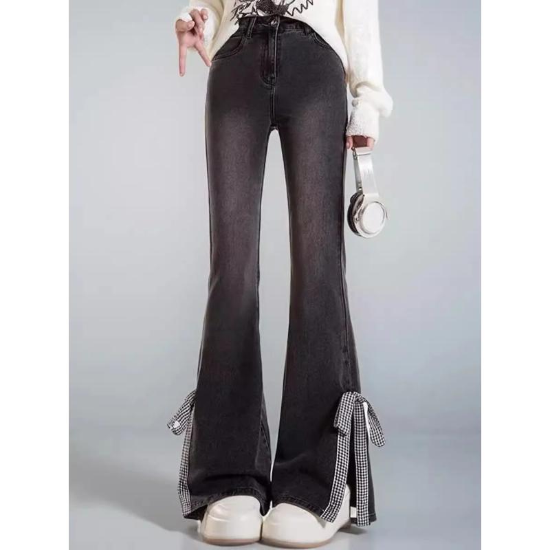 

Women s High Waist Flare Jeans with Gingham Bow Split Hem Stretch Denim Bell Bottom Pants S чорний