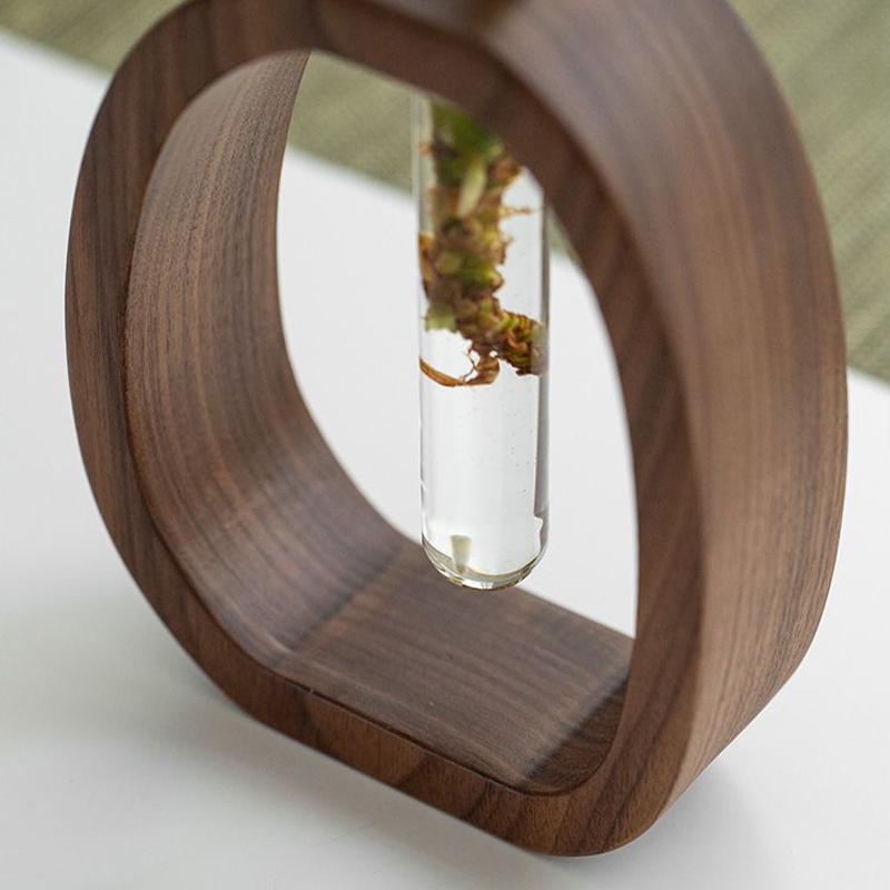 Solid Walnut Frame Hydroponic Glass Vase Modern Water Planter for Desk Flower Arrangement Flowerpot for Home Hotel Decor
