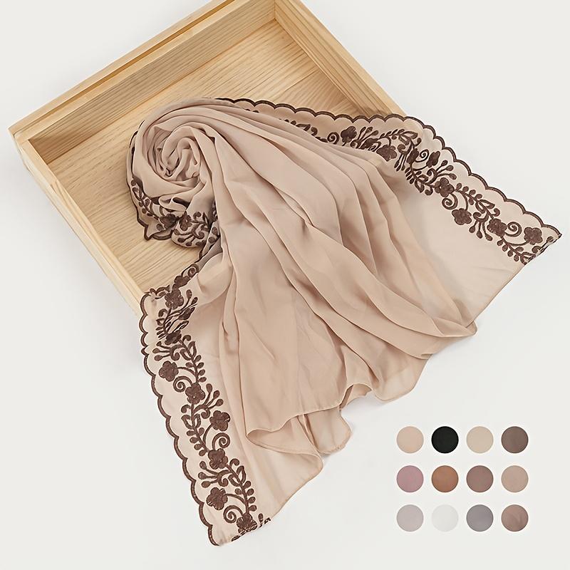 1pc Women'S Solid Color Pearl Chiffon Scarf With Clover Embroidery And Lace Trim, Fashionable And Elegant Headscarf For Malaysia And Indonesia