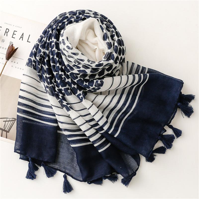Spring Autumn Fashion Luxury Brand Navy Blue Dot Viscose Shawl Scarf Women High Quality Print Hijabs and Wraps Muslim Sjaal