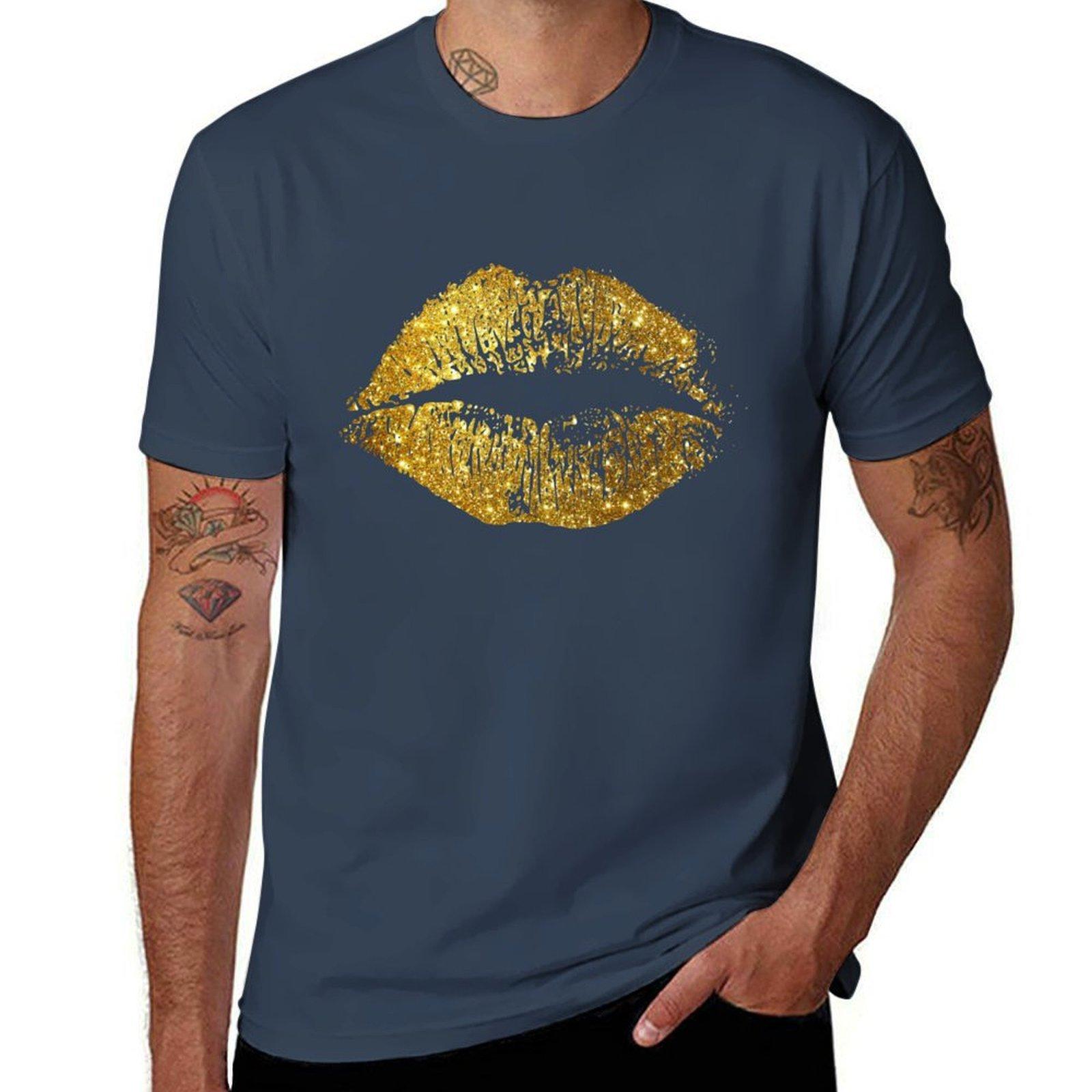 Stylish Gold Glitter Lips Tshirt Basic Plain Tee For Spring And Summer S