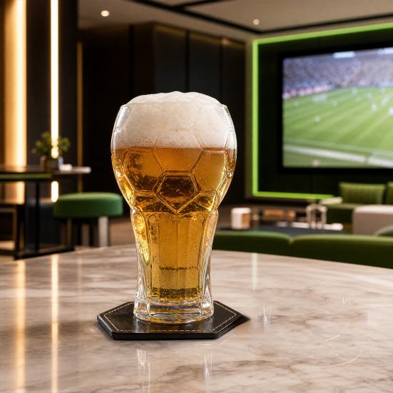 Soccer Beer Glass, 600ml Football Embossed Pint Cup, Heavy Duty Clear Glass Mug for Craft Beer, Home Bar Sports Fan Gift