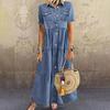 Women Denim Dress Short Sleeve Single-breasted Turn Down Collar Pockets Loose Maxi