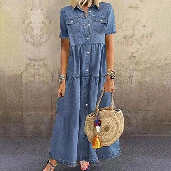 Women Denim Dress Short Sleeve Single-breasted Turn Down Collar Pockets Loose Maxi