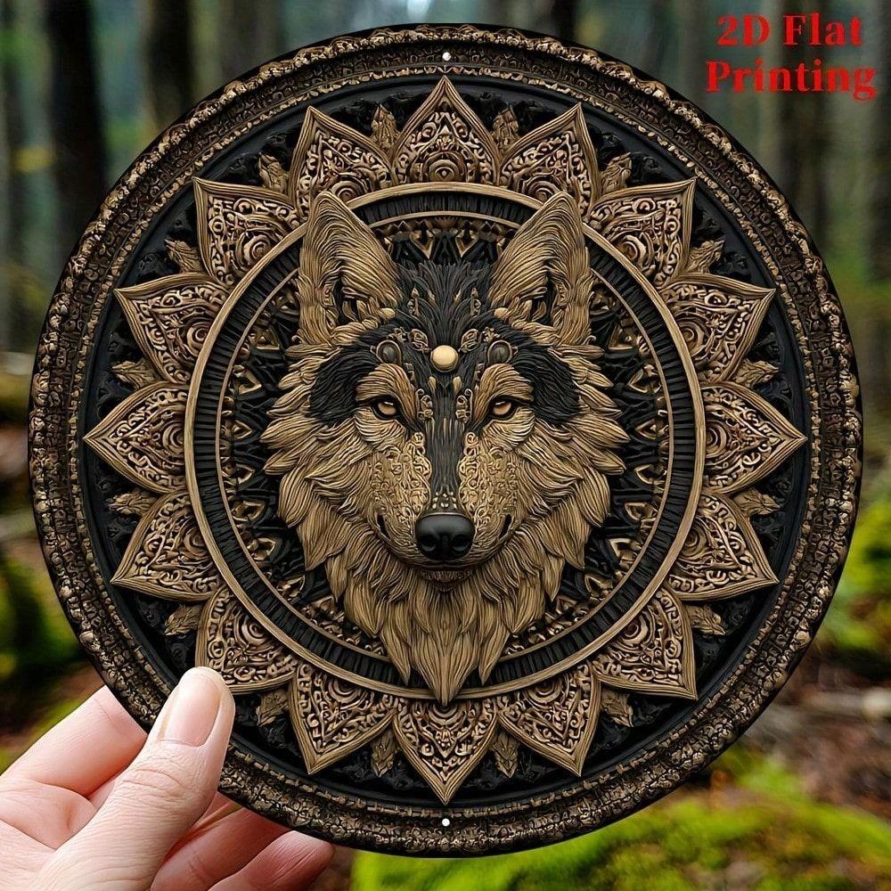 Boho Wolf King Round Metal Wall Art 8x8 Inch Home Decor Tin Sign