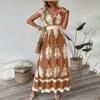 Abito Maxi da Donna Scollo a V Stampa Floreale Vita Legata Manica Corta Casual Estivo Elegante