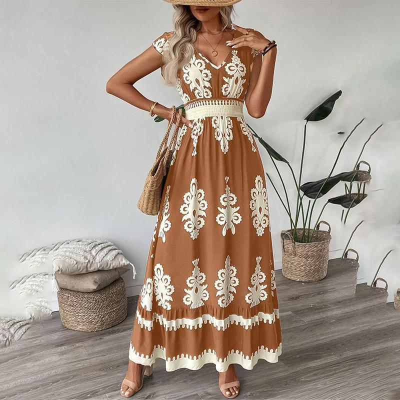 Abito Maxi da Donna Scollo a V Stampa Floreale Vita Legata Manica Corta Casual Estivo Elegante