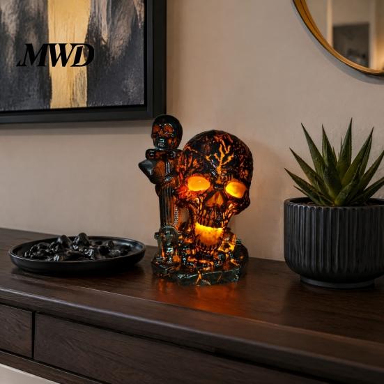 Halloween Table Lamp Skull Lamp, Glowing Skeleton Resin Figurine, Gothic Ambient Figurine Night Light for Mantel Shelf Party Home Decor Handcrafted