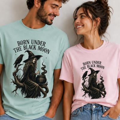 Comfort Colors Born Under The Black Moon Shirt, Vintage Witch T-Shirt, Spooky Season Witchy Tee, Gothic Witchcraft Tee, Halloween Pagan Gift