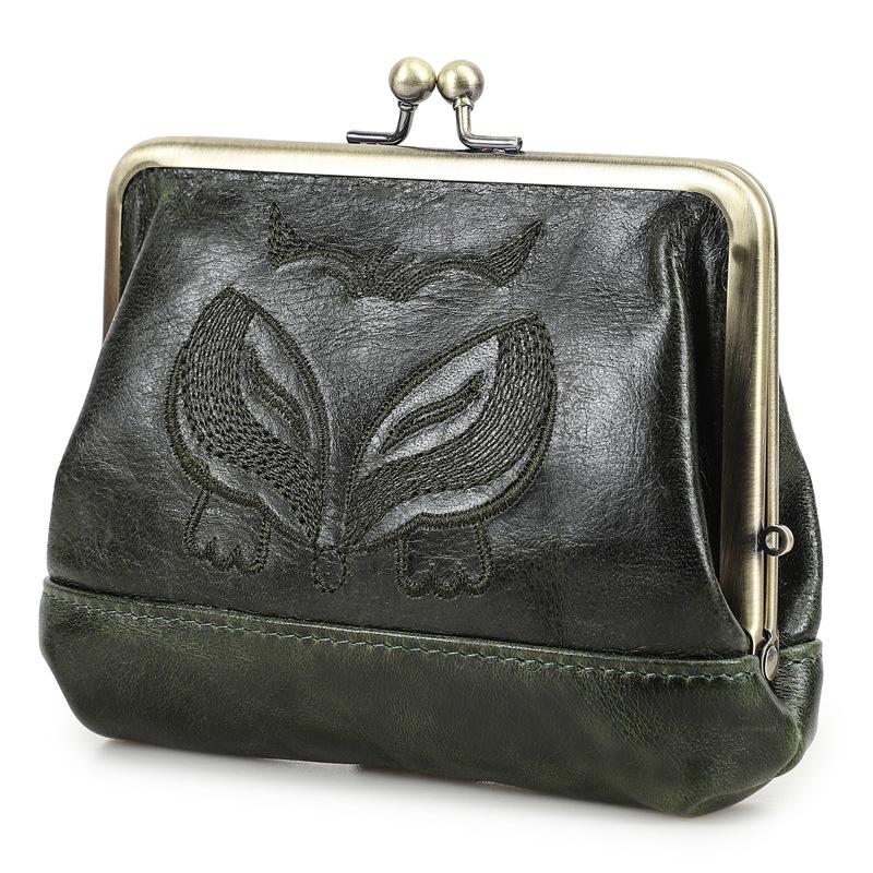 Black Angel Women's Wallet - Top Grain Cowhide, Embroidered, Genuine Leather, Iron Hinge, Multifunctional Compartments, Small & Casual.