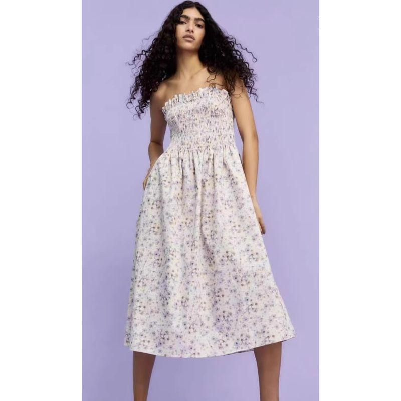 

Foreign Trade Order H New Square Collar Bow Stretch Cotton Wrap-around Lady Beautiful All-Match Style Dress Apricot Flower Strapless L