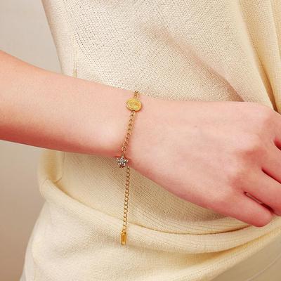 Stainless Steel & Titanium Star Moon Bracelet, 18k Gold Plated, Adjustable, Simple Light Luxury Design