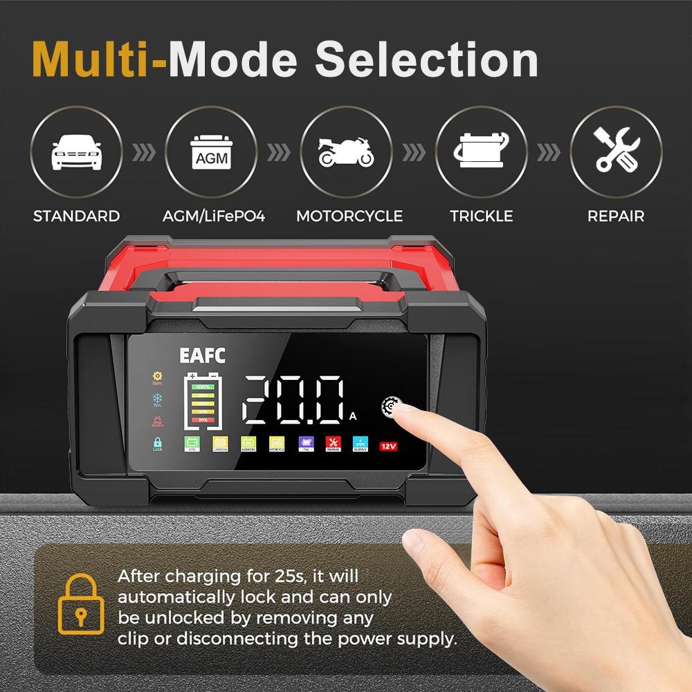 EAFC Enchufe UE 12V 20A / 24V 10A Cargador de Batería Totalmente Automático, Cargador de Batería Inteligente para Coche de 7 Etapas