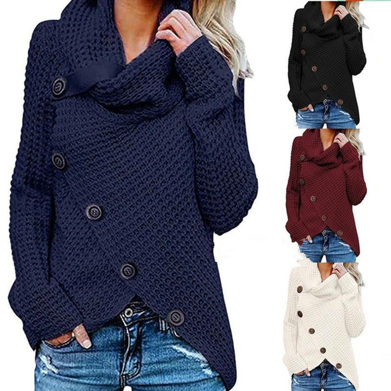 Women Knited Sweaters Cardigan Long Sleeved Buttons Loose Pullovers Turtleneck Irregular Hem Tops
