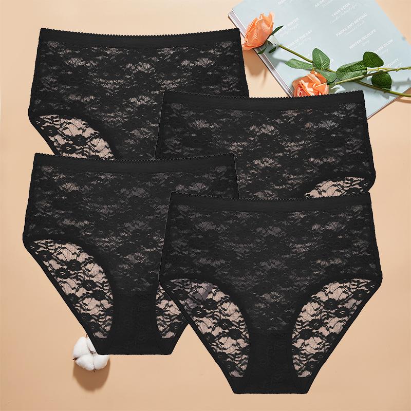 4 Stück Damen Spitzen-Slips Hohe Taille Sexy Unterwäsche Transparent Damen Unterhosen Enganliegend Übergröße Slips S-XXL