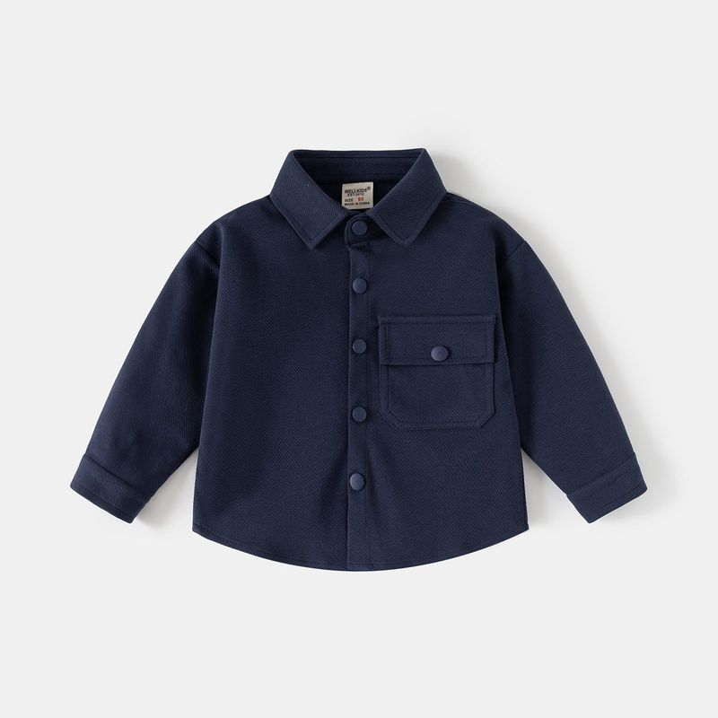 Boys' Long-Sleeved Shirt, Spring and Autumn Children's Solid Color Lapel Cardigan Shirt, Baby Children's Clothing, Casual Pocket Jacket